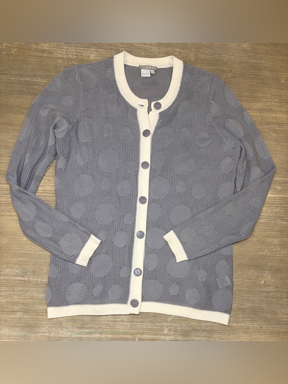 Evelyn and Arthur grey-and-white knit polka dot crewneck cardigan